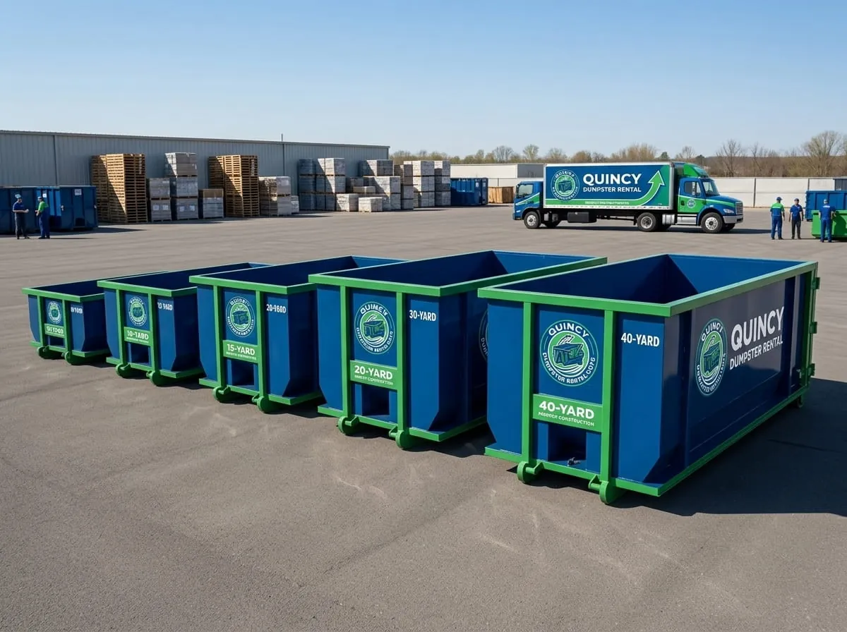 Quincy Dumpster Rental Guys roll-off truck fleet parked at the Quincy yard