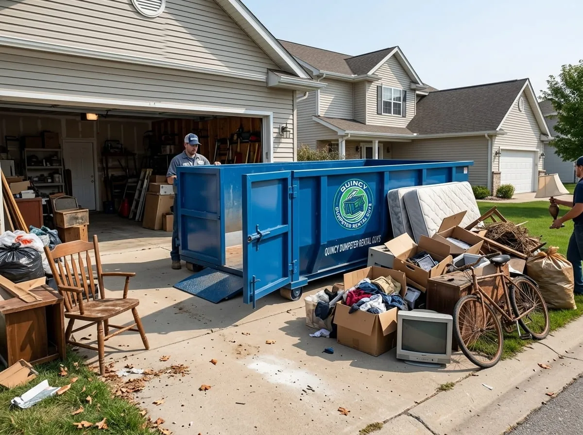 Driveway property clearance with furniture beside a roll-off container