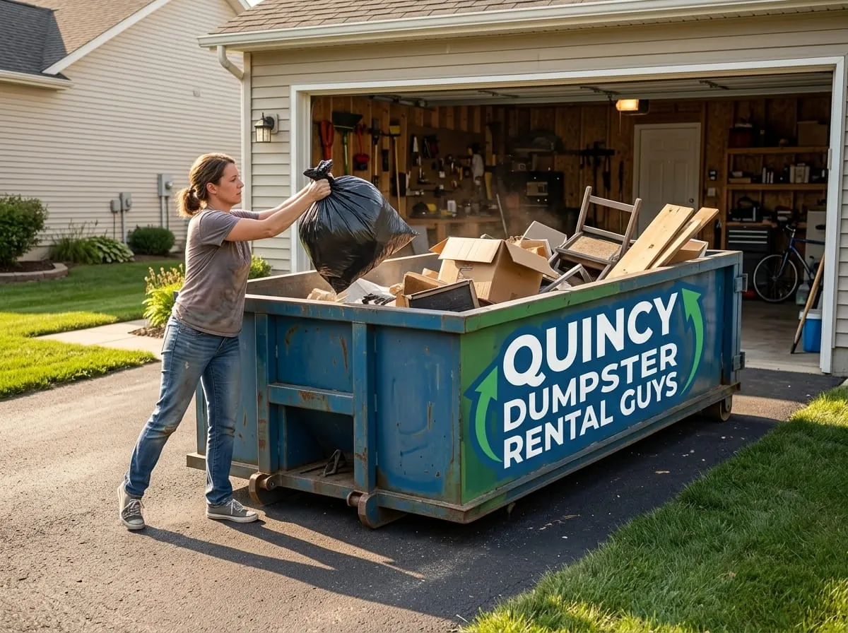 Loading bagged household junk into a roll-off dumpster at an open garage