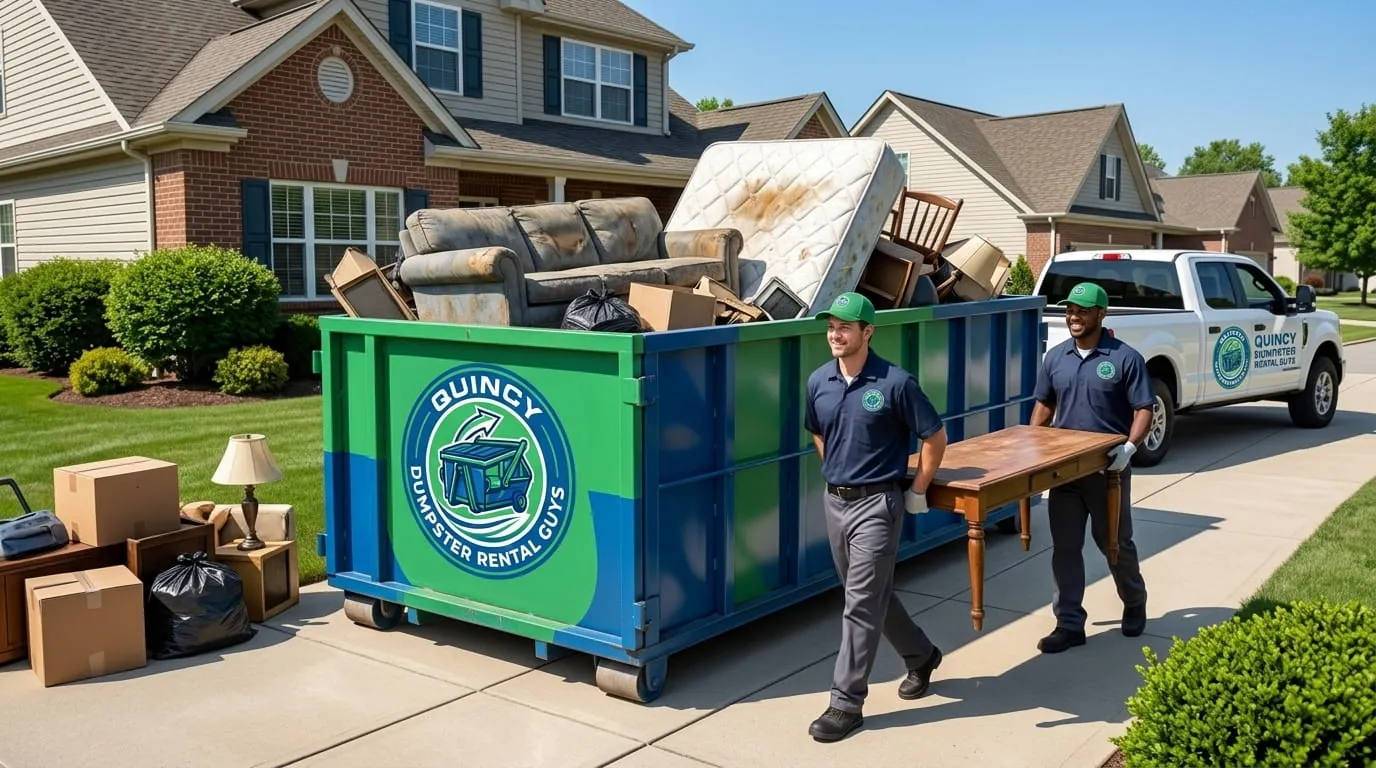 Quincy Dumpster Rental Guys roll-off container and truck working a job in Adams County