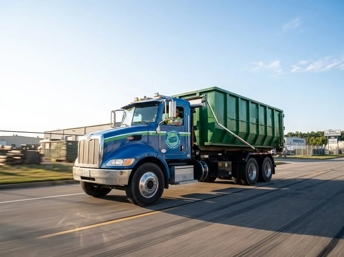 Loaded Quincy Dumpster Rental Guys roll-off truck on the road