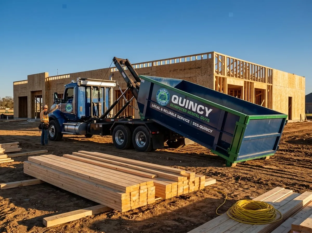 Roll-off truck and container at a framing site